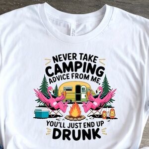 White Graphic Tee with Camping Flamingo Design